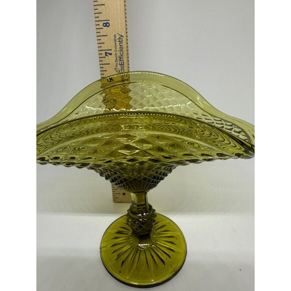 VTG Olive Green Glass Compote Dish – Footed Diamond Pattern Candy Bowl 6"x6.5" - Picture 6 of 7